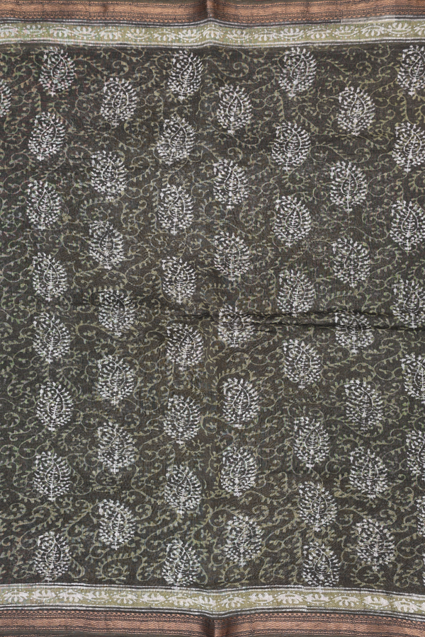Linen Saree In Olive Green With Printed Design