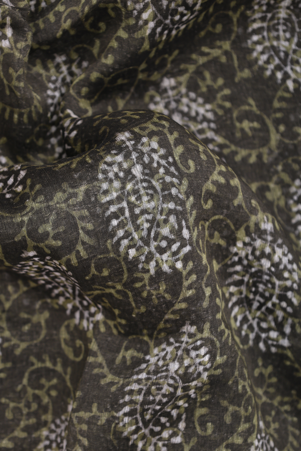 Linen Saree In Olive Green With Printed Design