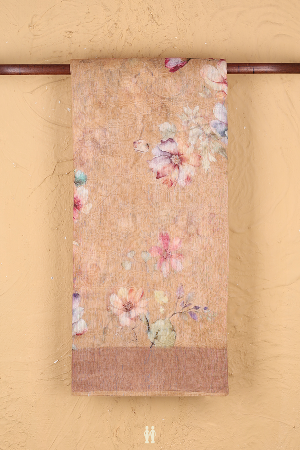 Linen Saree In Orange With Floral Printed Design