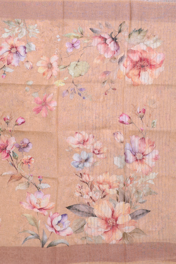 Linen Saree In Orange With Floral Printed Design