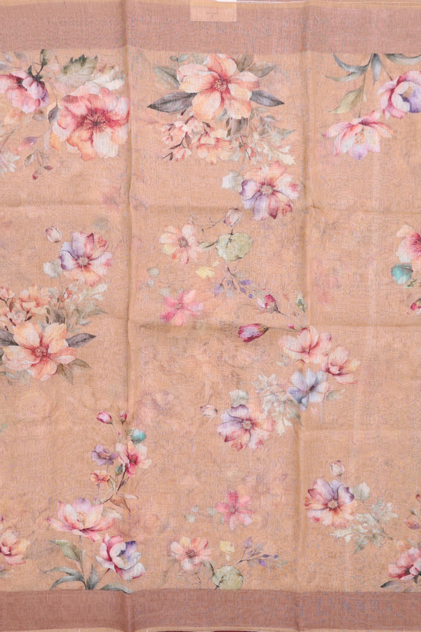 Linen Saree In Orange With Floral Printed Design