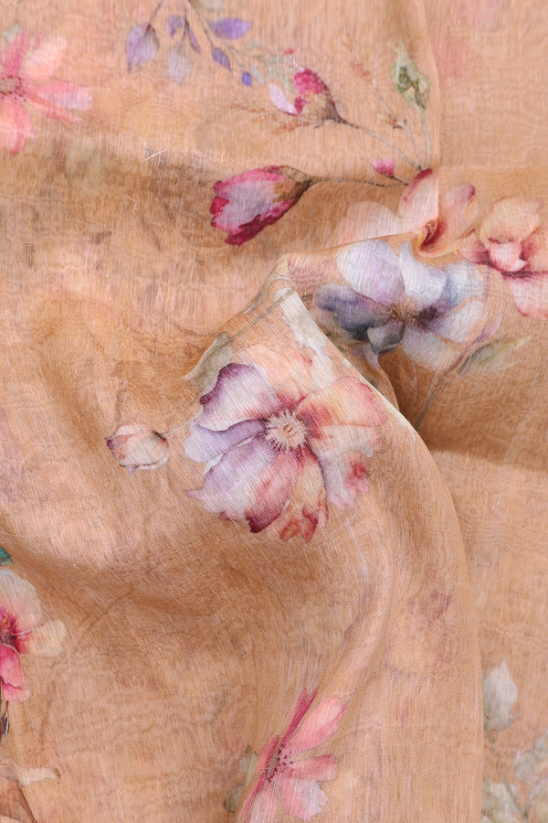 Linen Saree In Orange With Floral Printed Design