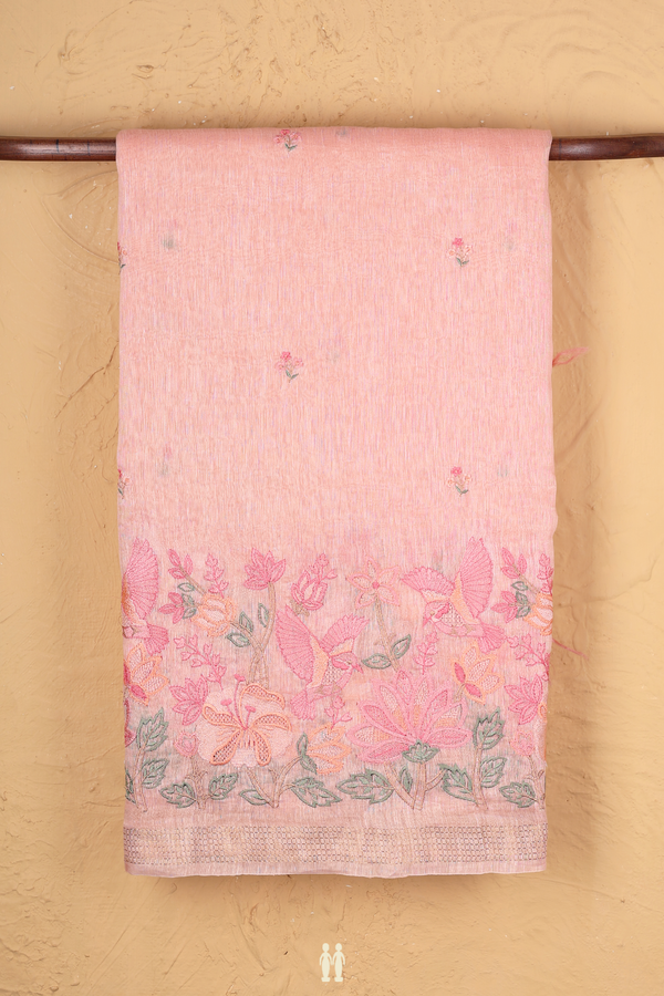 Linen Saree In Orange With Floral Embroidered Buttas