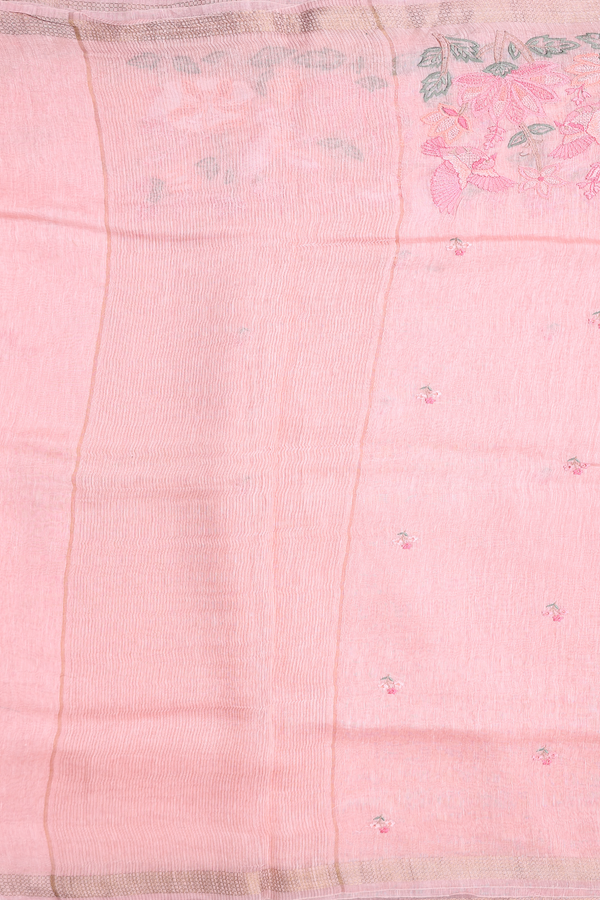 Linen Saree In Orange With Floral Embroidered Buttas