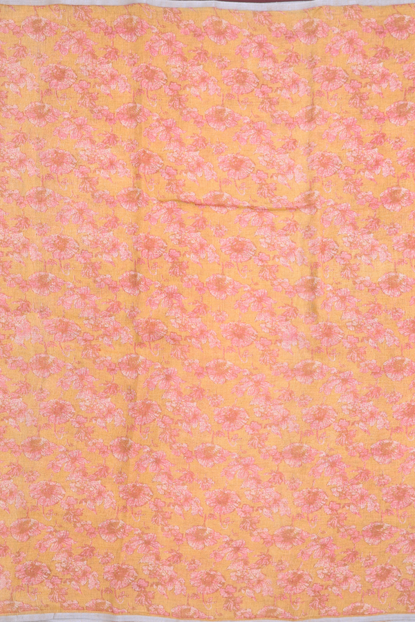 Linen Saree In Orange With Floral Printed Design