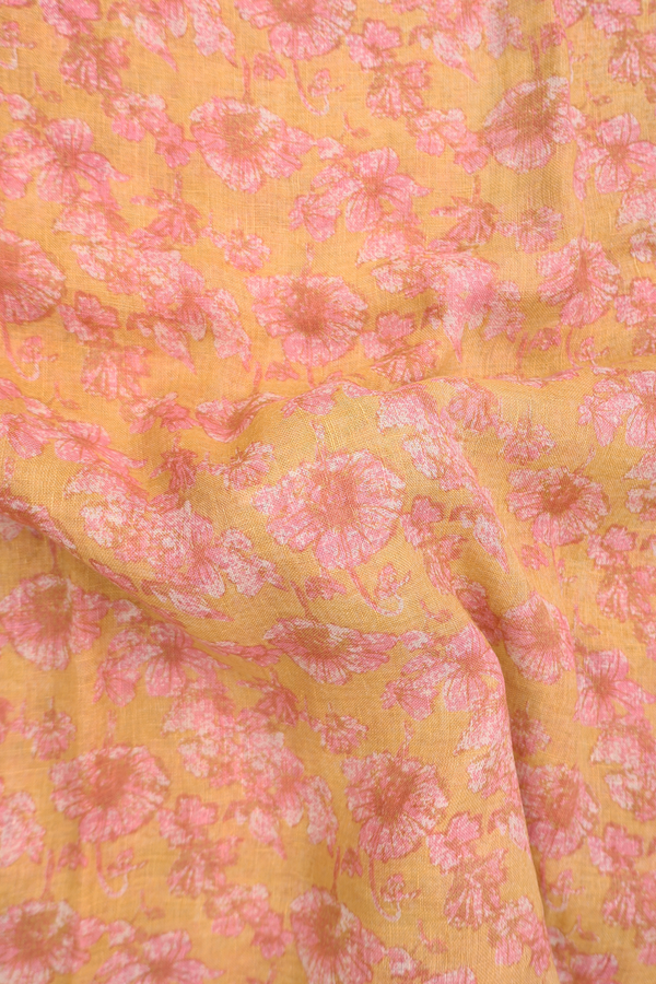 Linen Saree In Orange With Floral Printed Design