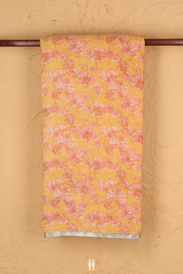 Linen Saree In Orange With Floral Printed Design
