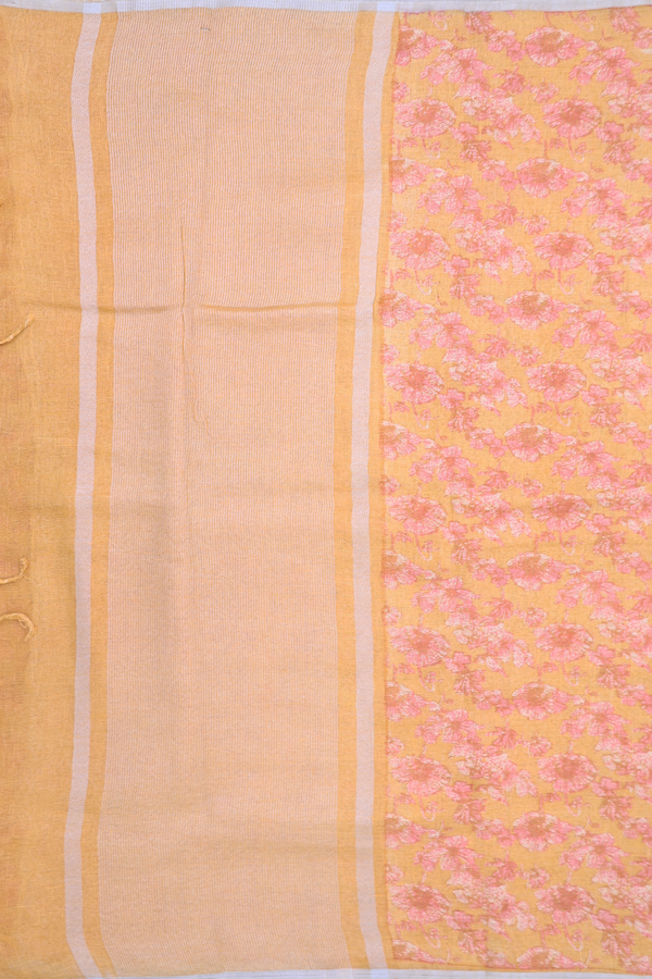 Linen Saree In Orange With Floral Printed Design