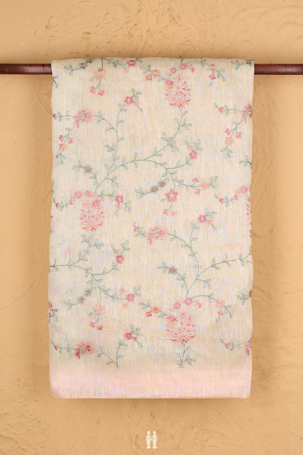 Linen Saree In Pale Yellow With Floral Design