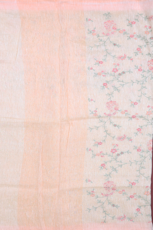 Linen Saree In Pale Yellow With Floral Design