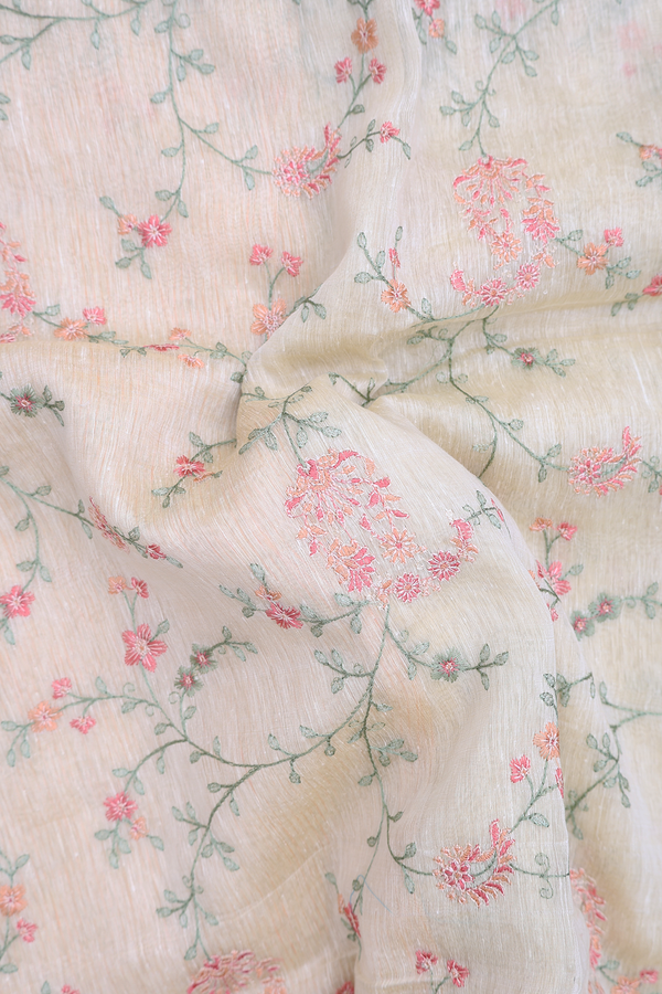 Linen Saree In Pale Yellow With Floral Design