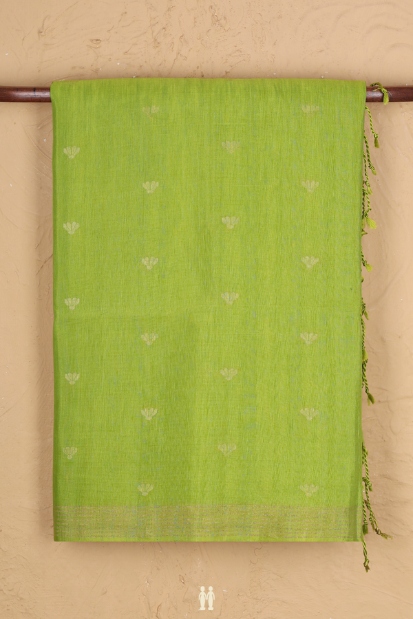 Linen Saree In Parrot Green With Zari Buttas