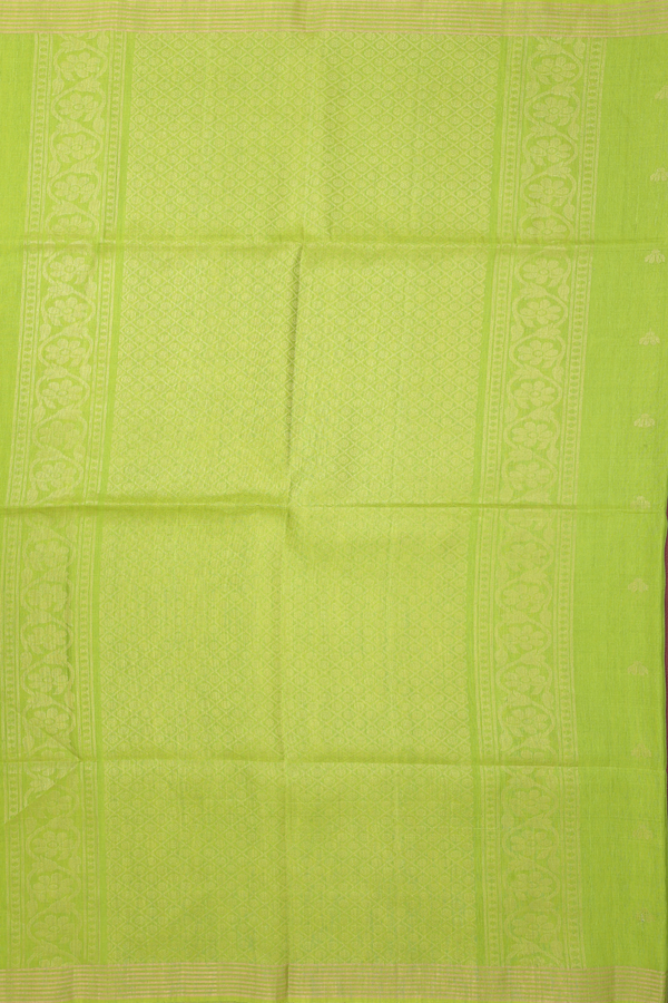 Linen Saree In Parrot Green With Zari Buttas