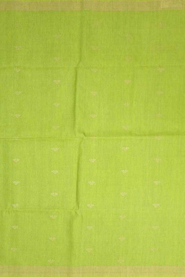 Linen Saree In Parrot Green With Zari Buttas