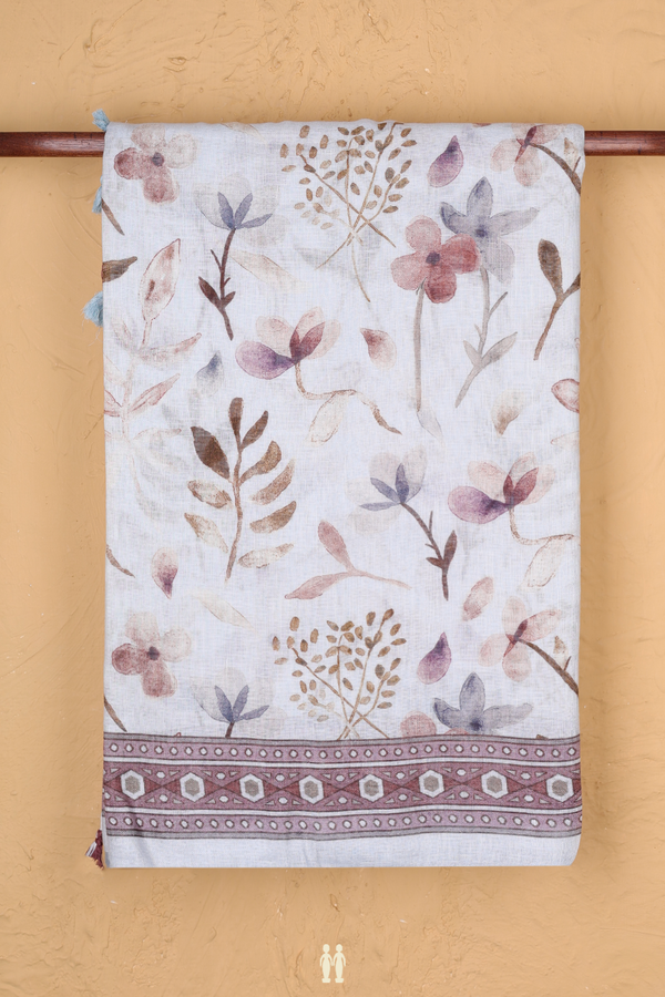 Linen Saree In Pastel Blue With Floral Design