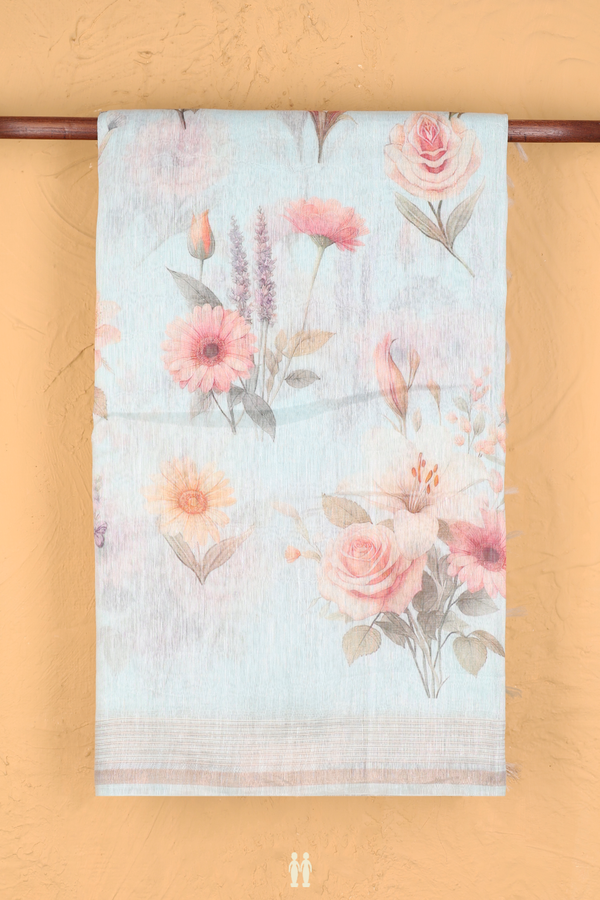 Linen Saree In Pastel Blue With Floral Design