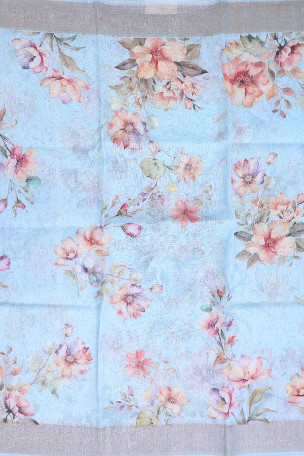 Linen Saree In Pastel Blue With Floral Printed Design