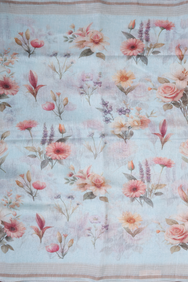 Linen Saree In Pastel Blue With Floral Design