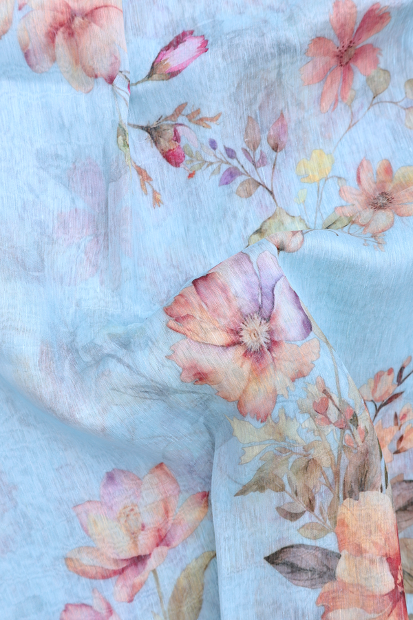 Linen Saree In Pastel Blue With Floral Printed Design