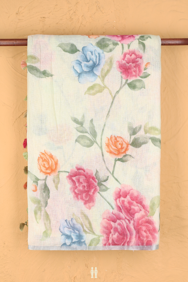 Linen Saree In Pastel Green With Floral Design