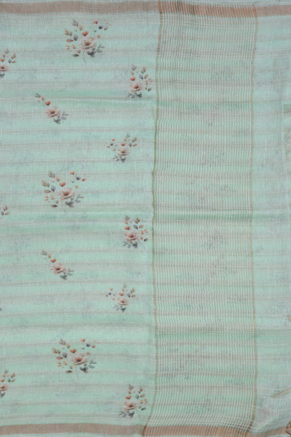 Linen Saree In Pastel Green With Floral Design