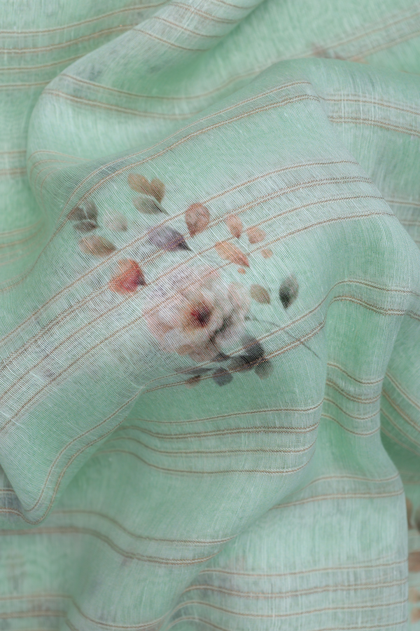 Linen Saree In Pastel Green With Floral Design