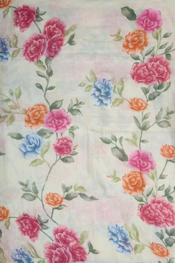 Linen Saree In Pastel Green With Floral Design