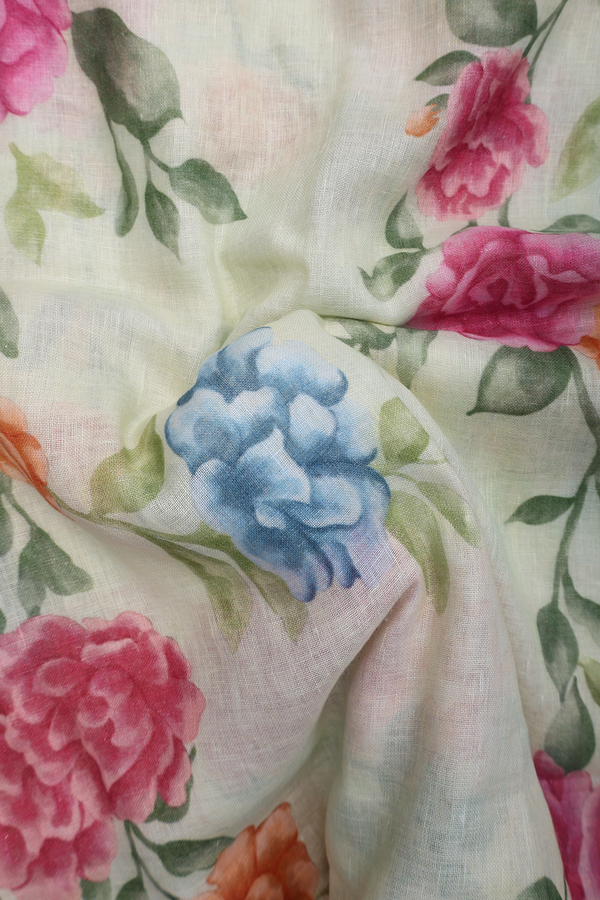 Linen Saree In Pastel Green With Floral Design