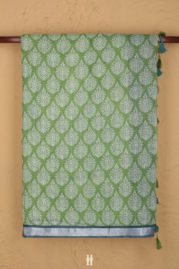 Linen Saree In Pastel Green With Printed Design