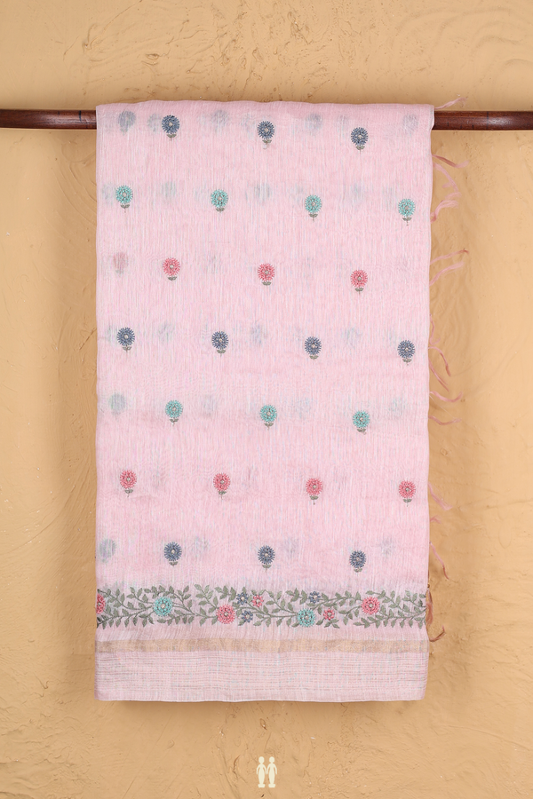 Linen Saree In Pastel Pink With Floral Buttas