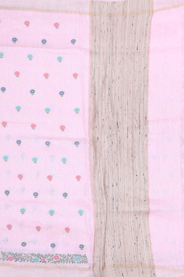 Linen Saree In Pastel Pink With Floral Buttas