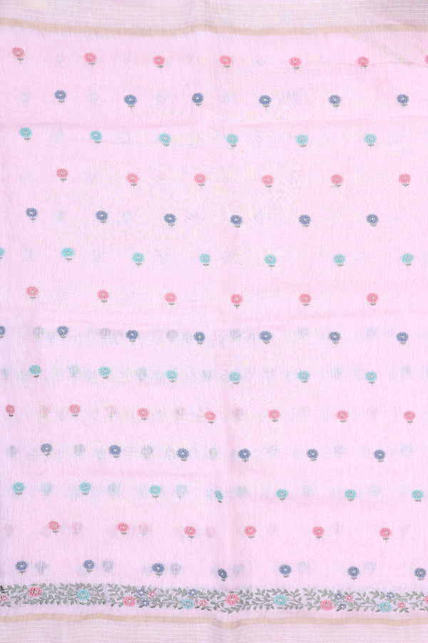 Linen Saree In Pastel Pink With Floral Buttas