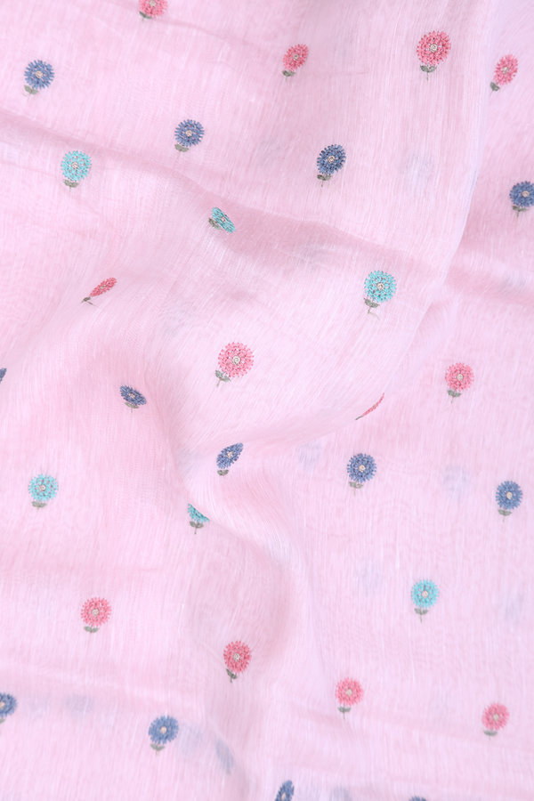 Linen Saree In Pastel Pink With Floral Buttas