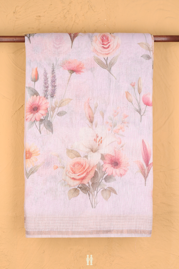 Linen Saree In Pastel Pink With Floral Design