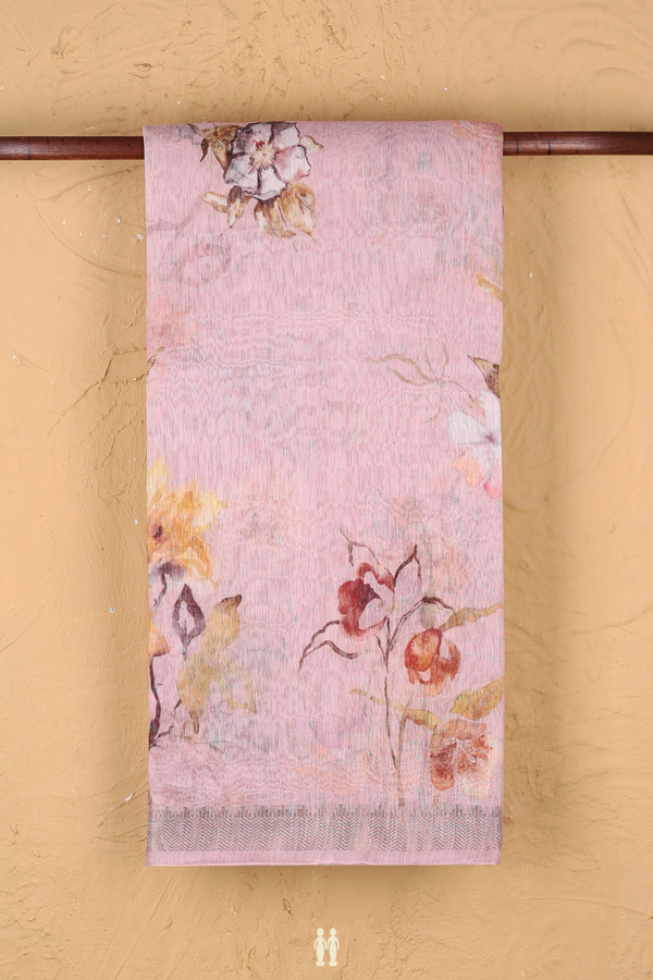 Linen Saree In Pastel Pink With Floral Design