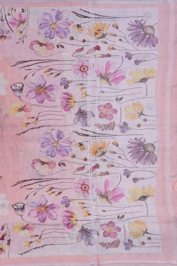 Linen Saree In Pastel Pink With Floral Design