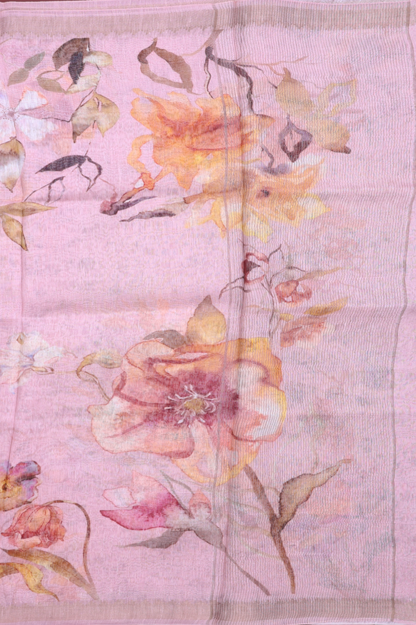 Linen Saree In Pastel Pink With Floral Design