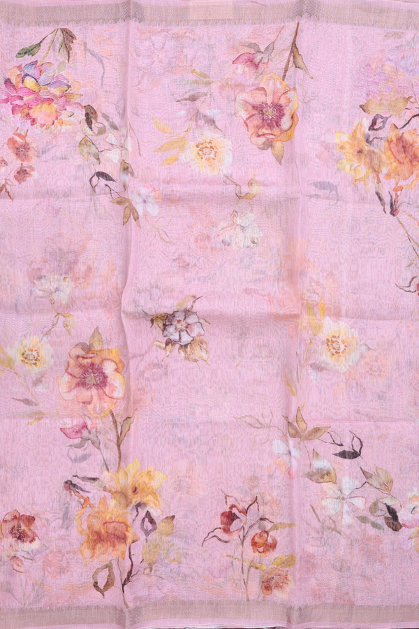 Linen Saree In Pastel Pink With Floral Design