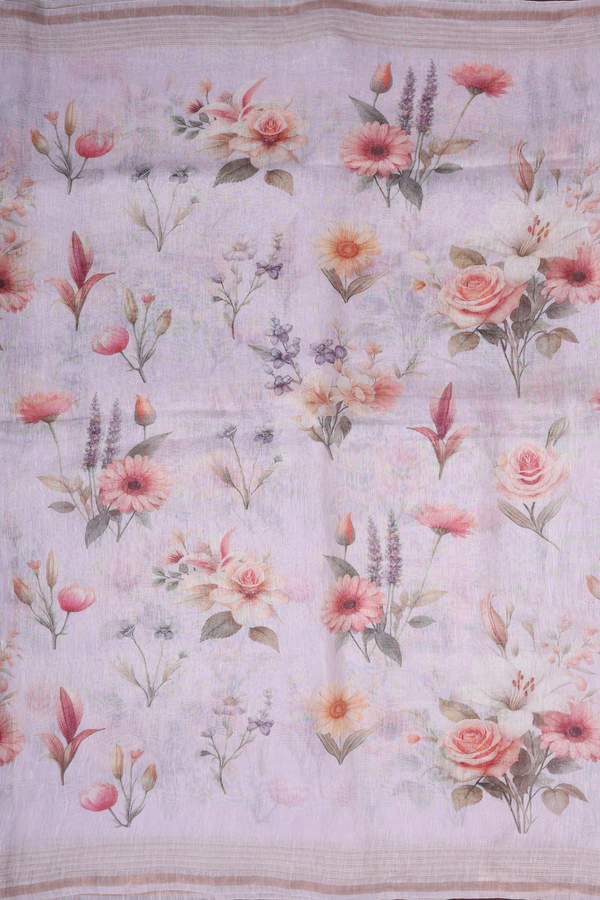 Linen Saree In Pastel Pink With Floral Design