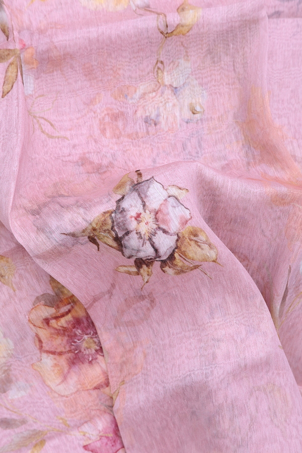 Linen Saree In Pastel Pink With Floral Design