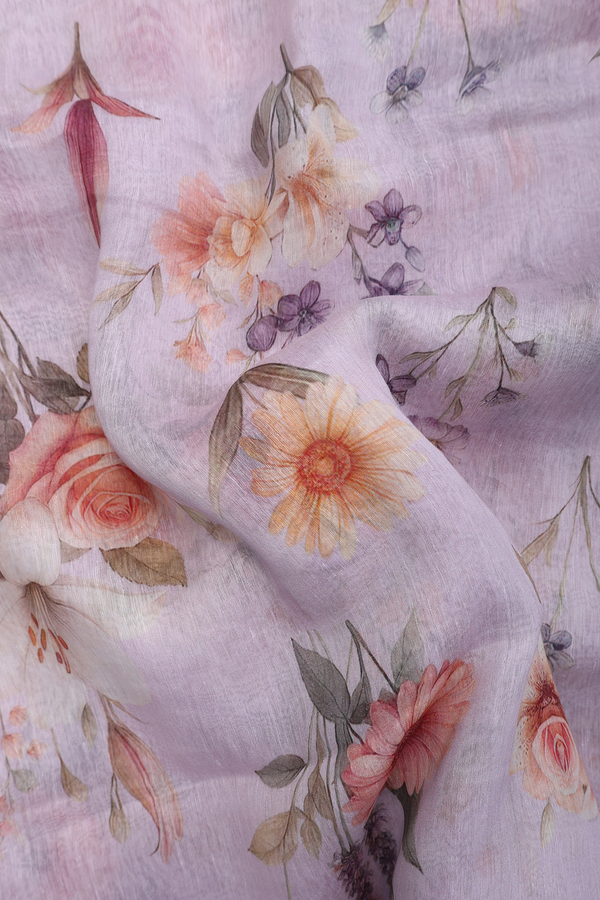 Linen Saree In Pastel Pink With Floral Design