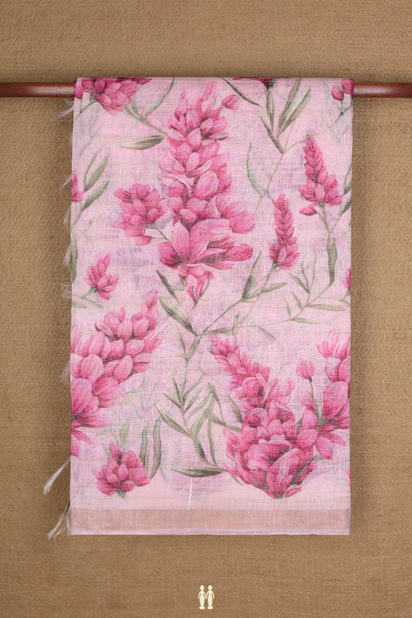 Linen Saree In Pastel Pink With Floral Digital Printed