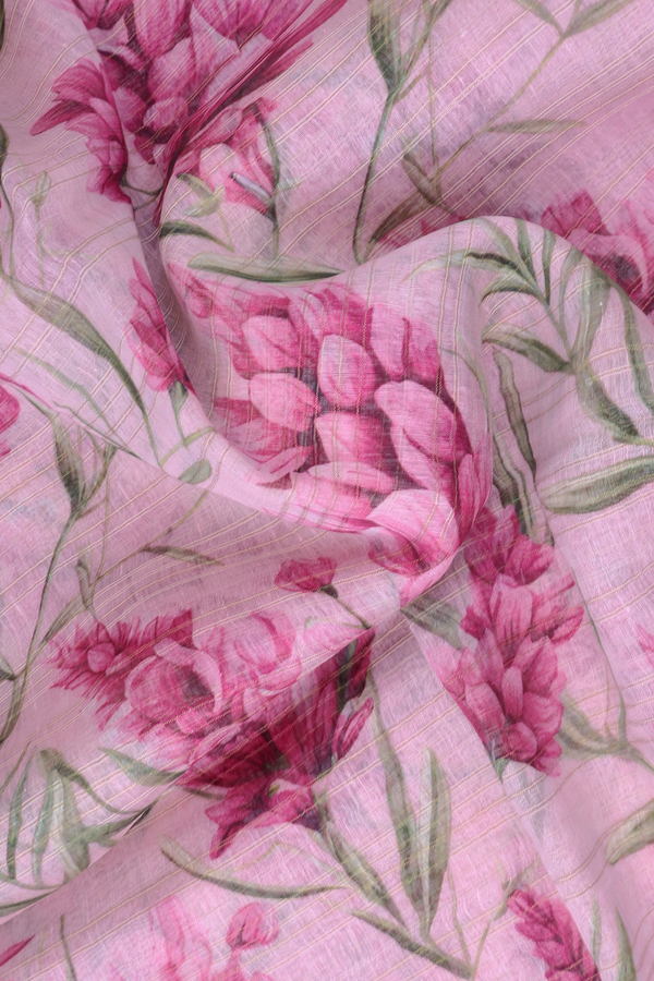 Linen Saree In Pastel Pink With Floral Digital Printed