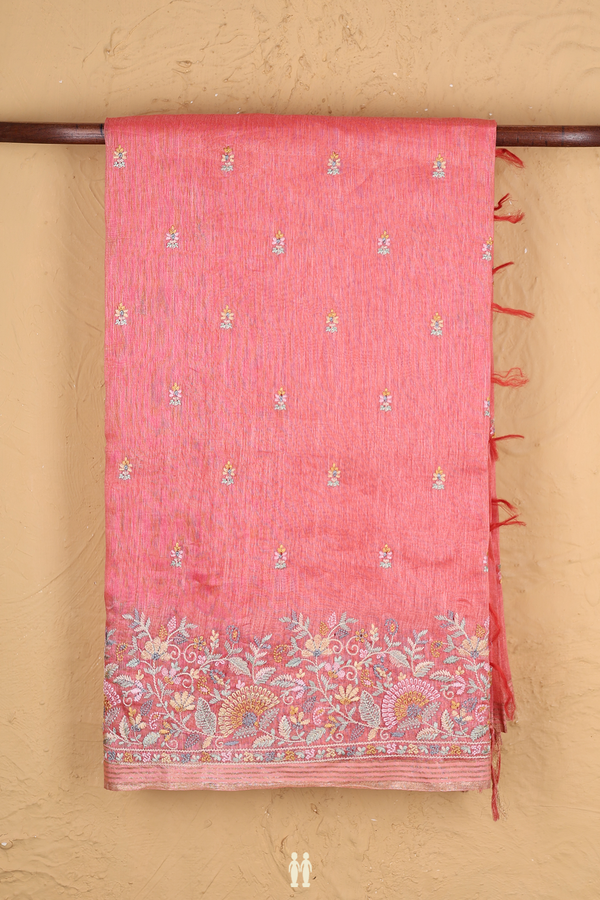 Linen Saree In Peach With Floral Buttas