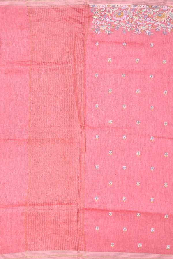 Linen Saree In Peach With Floral Buttas