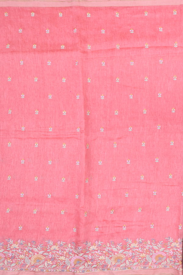 Linen Saree In Peach With Floral Buttas