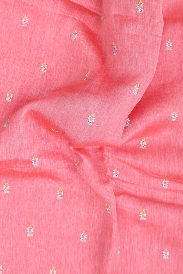 Linen Saree In Peach With Floral Buttas