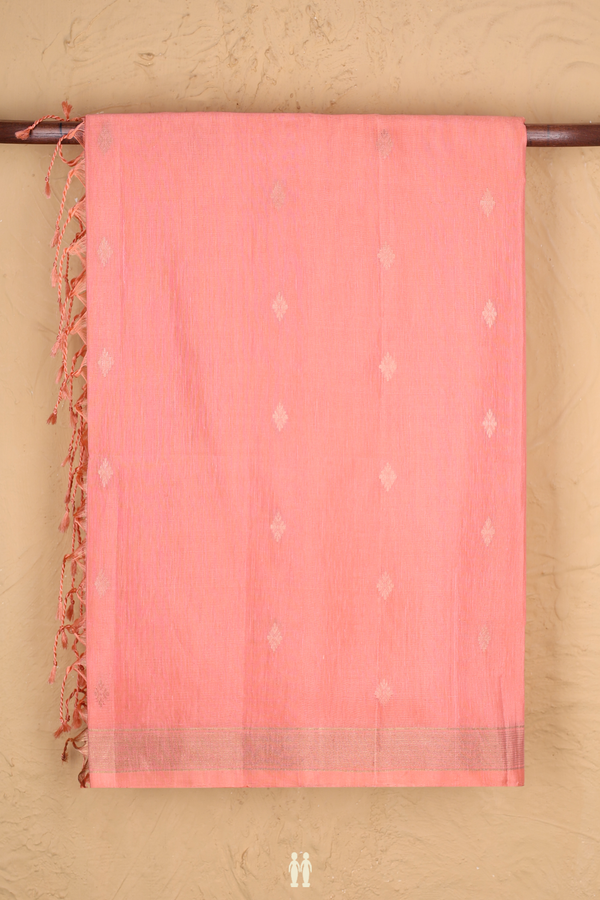 Linen Saree In Peach With Zari Buttas