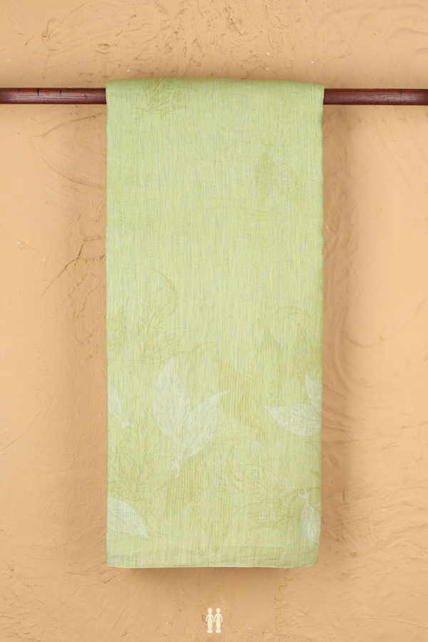 Linen Saree In Pear Green With Leaf Design