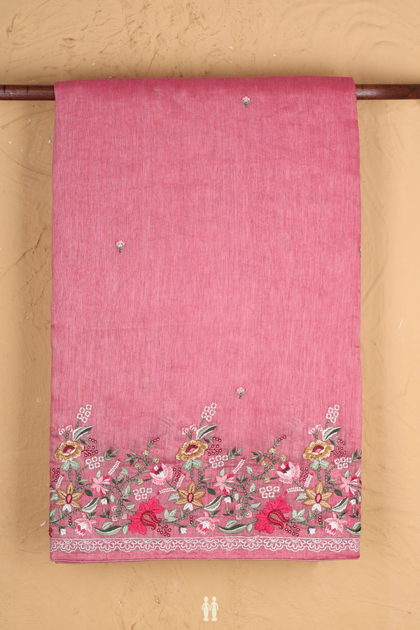 Linen Saree In Pink Floral Threadwork Buttas